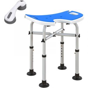 Homcom Tabouret de Douche, siège de Douche, Hauteur Ajustable 39-51,5 cm, Barre d'appui à Ventouse, Grands Patins à Ventouse, pour Seniors, handicapées Assemblage sans Outil, Bleu foncé, Argent