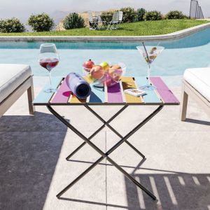 Table pliante de jardin Cavallino m&eacute;tal bois de pin 60 x 40 x 57 cm noir multicolore