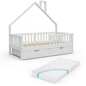 Lit cabane Noemi, Blanc, 80x160 cm avec 2 tiroirs et matelas Vitalispa