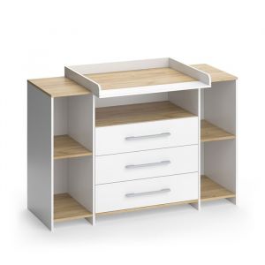 Commode à langer Oskar, Chêne blanc/force de l'or, 143.2x93cm avec 3 tiroirs, Vicco