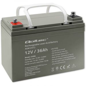 Qoltec Batterie AGM 12 V 36 Ah Sans entretien Efficace Longue dur&eacute;e de vie Pour onduleurs et scooters