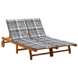 VidaXL Chaise longue de jardin 2 places avec coussins Acacia solide Motif carreaux gris