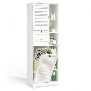 Colonne de Salle de Bain Bealife Armoire Rangement Étagères Réglables avec 1 Panier à Linge Amovible 2 Tiroirs 1 Porte Meuble WC Blanc