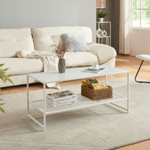 Table basse de salon Ruokolahti avec tablette en grille acier 102 x 43 x 46 cm blanc mat
