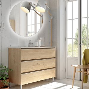 Meuble de salle de bain simple vasque - 3 tiroirs - bambou (chêne clair) - palma et miroir rond Led solen - 80cm