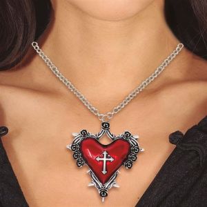 Collier médaillon coeur gothique croix 5cm rouge - guirca 24800