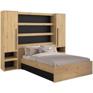 Vente-unique - Lit pont 160 x 200 cm avec rangements - Avec LEDs - Coloris : Naturel et noir - varly
