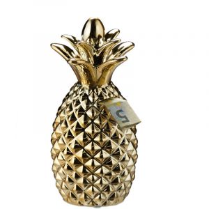 Relaxdays Tirelire ananas dor&eacute;, lot de 2, cochon d&eacute;co boite &eacute;conomies &eacute;pargnes pi&egrave;ces monnaies bouchon, HxD 24 x 10,5 cm, or