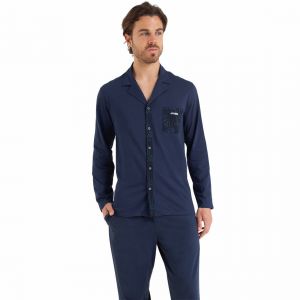 Athena Pyjama long ouvert homme Easy Print bleu en coton