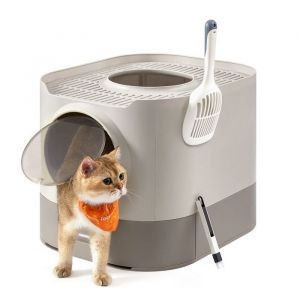 Bac À Litière, Pour Chat Xxl, Avec Couvercle, Oatmeal Et Gris Chaud