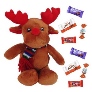 Peluche Renne de Noël et son sachet de 20 chocolats Milka, Kinder Schokobons et Mini Bueno, Daim
