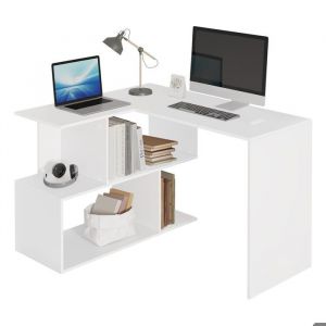 Bureau Angle Table Ordinateur Blanc Rangement Asymétrique Bois Chambre
