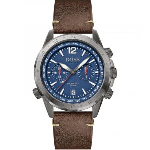 Hugo Boss Montre 1513773 - Nomad Chrono Boitier acier gris Cadran bleu Bracelet cuir marron Homme
