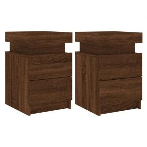 Décoshop26 Lot de 2 tables de chevet lumières led avec deux tiroirs 35 x 39 x 55 cm bois d'ingénierie marron DEC035966