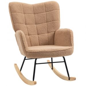 Homcom Fauteuil à bascule revêtement bouclette acier et bois massif marron