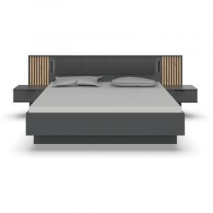 Pegane Lit adulte double 180 x 200 + 2 chevets coloris graphite, lamelles imitation chêne Artisan - Longueur 301 x Hauteur 104 x Profondeur 210 cm