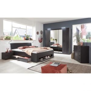 Image de Pegane Chambre à coucher complète adulte (lit 180x200 cm King Size + 2 chevets + armoire + commode), coloris gris foncé