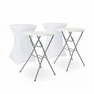 Lot de 2 tables hautes de r&eacute;ception GALA Mange debout pliables &Oslash;80cm x 110cm + 2 housses en polyester blanc s
