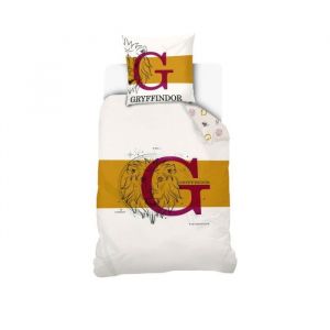 Warner Housse De Couette Harry Potter Gryffondor Lion 140x200 cm + 1 Taie d'oreiller 63x63 cm - 100% Coton - Blanche/Or