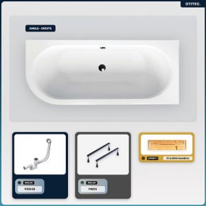 Baignoire asymétrique - 160 x 75 cm - Droite - sans Habillage - avec Pieds - Étagère bambou - Vidage Chrome - AVITA