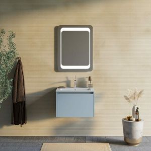 Kiamami Valentina Meuble de salle de bain avec tiroir 60cm mat céleste et miroir 60x80 Monaco
