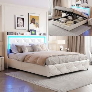 Lit coffre 160x200, lit 160x200 avec avec LED, Cadre de Lit en sommier, tissu en pu, blanc