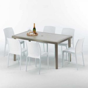 Grand Soleil Table rectangulaire et 6 chaises Poly rotin resine ensemble bar caf&egrave; exterieur 150x90 Beige | Boheme Blanc