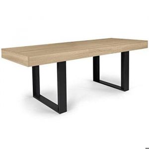 Table à Manger Extensible Bois Hêtre Pied Acier Noir 200cm 10pers Salle à Manger Cuisine
