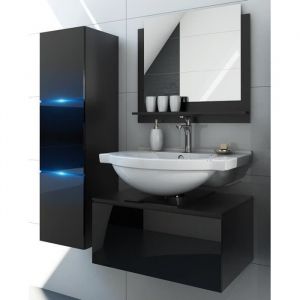 Ensemble meubles de salle de bain noir collection OWL. Colonne, meuble sous vasque, miroir, siphon et leds