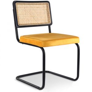 Privatefloor Chaise de salle &agrave; manger - tapiss&eacute;e en velours - Bois et rotin - Puila Moutarde