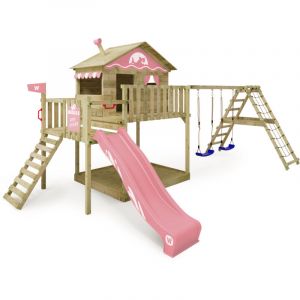 Wickey Tour de jeux en bois Smart Ocean avec balan&ccedil;oire et toboggan, maisonnette sur pilotis avec bac &agrave; sable, &eacute;chelle de corde et accessoires de jeu &ndash; rose