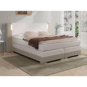 Ensemble complet boxspring tête de lit avec leds + sommiers + matelas + surmatelas - 200 x 200 cm - Simili - Crème et blanc - asti ii de ysmée