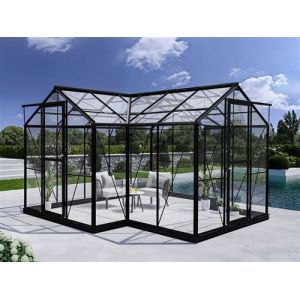 Kiosque de jardin en verre 11,5m², 3,73x3,73x2,32m avec socle, Noir Dancover Serres