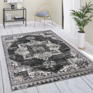 Tapis De Salon Poils Ras Marocain Mandala Geometrique Noir Gris 80x150 cm - Paco Home