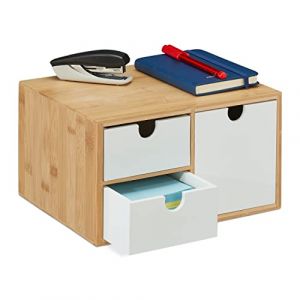 Image de Relaxdays Boîte à tiroirs, bambou et mdf, mini-commode 3 compartiments, hlp : 14,5x25x20 cm, organiseur, nature/blanc