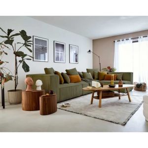 Canap&eacute; modulable 5 places angle droit en velours c&ocirc;tel&eacute; vert