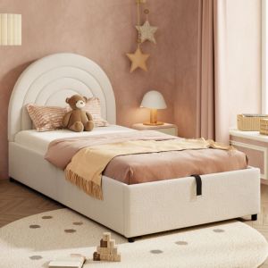 Lit enfant rembourré 90 x 200 cm - Lit coffre - Avec tête de lit - Velours bouclé - Beige（matelas non inclus）