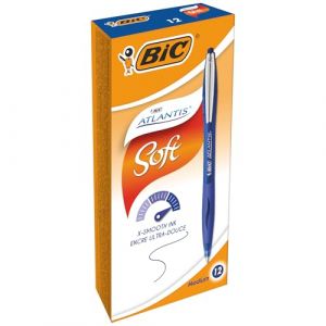 Bic Atlantis Soft - Stylos-Bille Rétractables - Pointe Moyenne (1,0 mm) – Encre Fluide Bleue, Boîte de 12