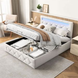 Lit coffre double, avec sommier à lattes et tête de lit LED, réglable en hauteur, flanelle, abricot 140x200cm