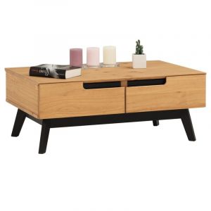 Idimex Table basse TIBOR design vintage scandinave nordique table de salon rectangulaire 2 tiroirs 2 niches pin massif finition bois teinté