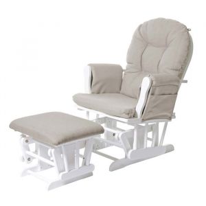 D&eacute;coshop26 Fauteuil de relaxation fonction bascule avec repose-pieds coussin en tissu cr&egrave;me structure en bois de bouleau blanc 040006270
