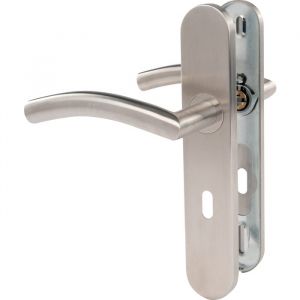 Image de Exem Poign&eacute;e de porte sur plaque inox bross&eacute; - Cl&eacute; L - Entraxe fixation 165 &agrave; 195 mm - B&eacute;quille courb&eacute;