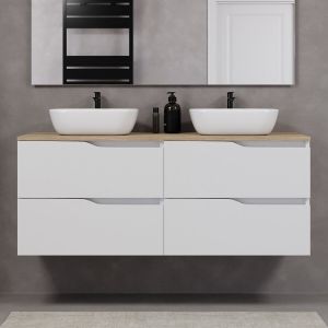 Meuble de salle de bain 140cm avec plateau miel et deux vasques à poser zeus - 4 tiroirs - sans miroir - blanc - LUNA