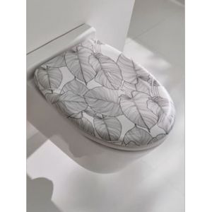 Image de Wenko Abattant WC avec Frein de Chute SAMOA, Cuvette de Toilette Fixation Facile Clipsable, Décor Feuilles Blanc - Gris, 38 x 45cm