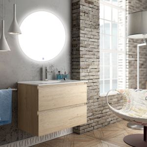 Meuble de salle de bain simple vasque - 2 tiroirs - bambou (chêne clair) - balea et miroir rond Led solen - 80cm