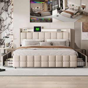 Lit double 140x200 cm avec LED et 4 tiroirs, USB, lit adulte 140x200 cm avec sommier &agrave; lattes, lit 140x200 cm, tissu en lin, beige