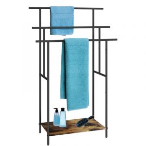 Relaxdays Porte-serviettes avec tablette, H x L x P: 100x68x30 cm, style industriel, 3 barres, sur pied, marron/noir