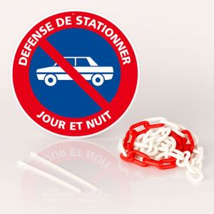 Signaletique.biz France - Défense de stationner jour et nuit disque rigide prépercé avec chaine plastique rouge/blanc avec collier de serrage de