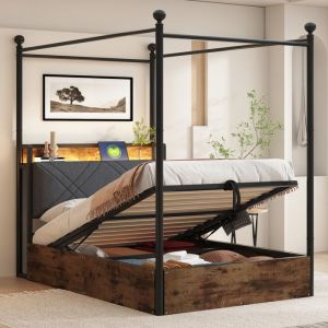 Lit double coffre 90x190 cm - Baldaquin en métal - Montants amovibles - LED et port USB/Type-C - Noir (matelas non inclus)