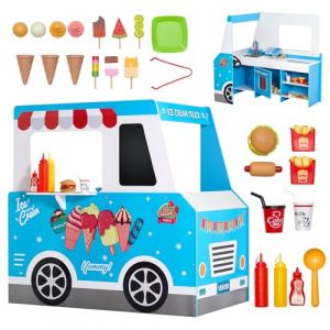 VEVOR Chariot à Glaces pour Enfants, 20+ Accessoires, Jeu d'Imitation de Stand Glacier Bois, avec Volant, Tableau Noir, Scanner de Paiement, Congélateur, Robinet, Évier, pour Tout-Petits de 3-7 Ans